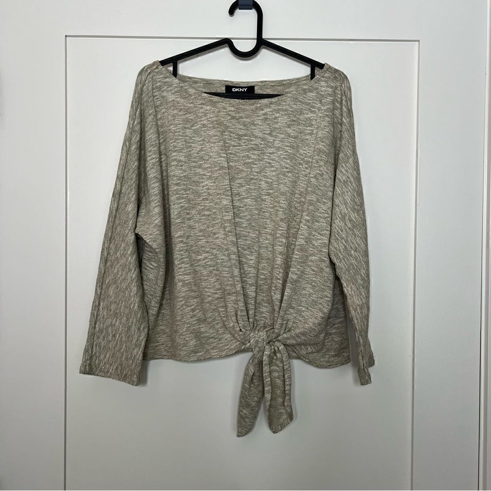 DKNY Sweater Top Womens Size M Gray Long Sleeve Tie Wrap Front Cropped